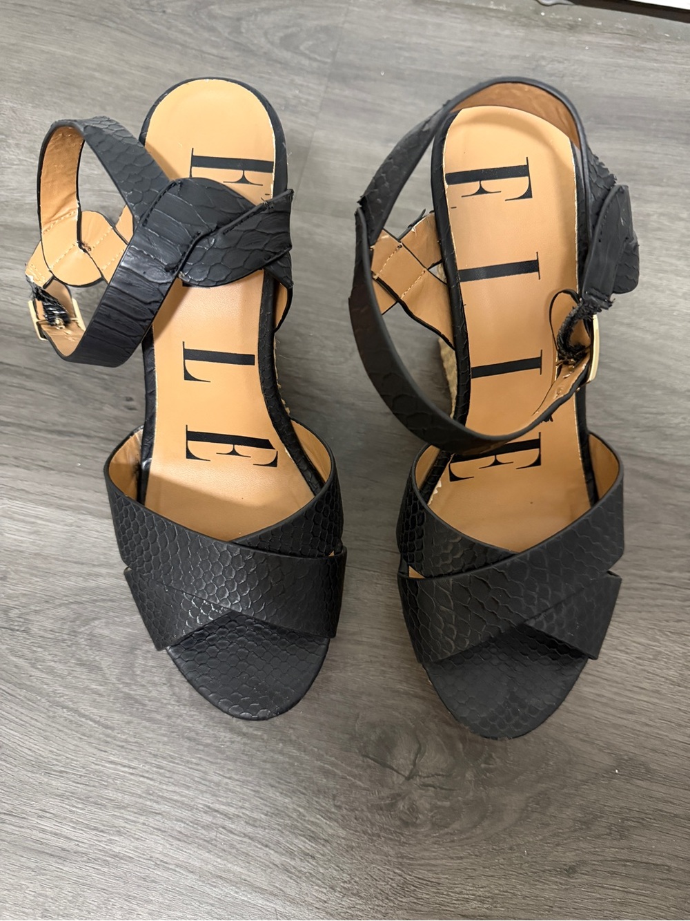 Elle Black Textured Crisscross Ankle Strap Heels